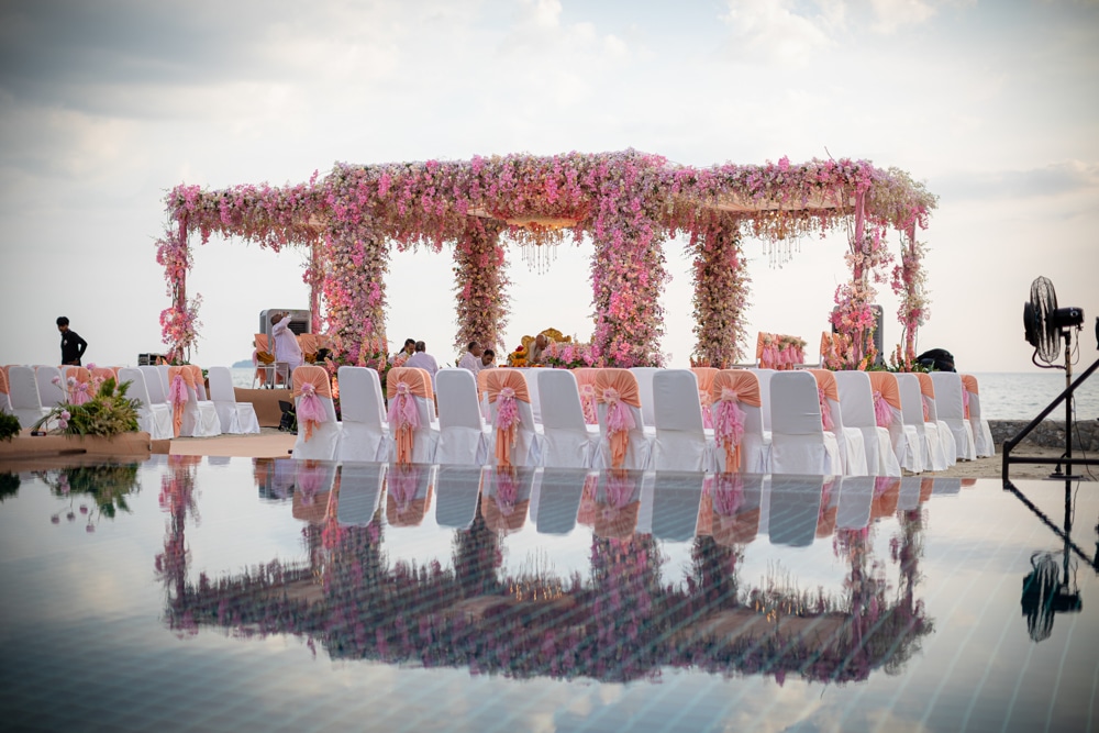 Wedding Ceremony stage floral installation at Rayong Marriott Resort & Spa, Rayong, planned and decorated by Niramit Creations