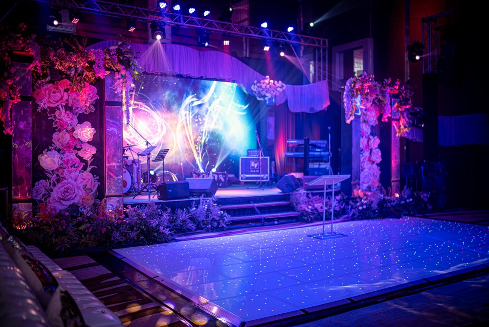 Sangeet stage floral detail pink at Rayong Marriott Resort & Spa, Rayong, planned and decorated by Niramit Creations