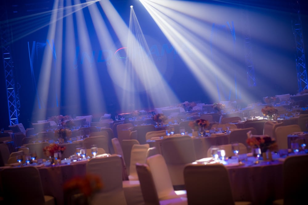 gala dinner blue stage at a corporate event at The Athenee Hotel Bangkok, Bangkok, Thailand — managed by Niramit Creations.