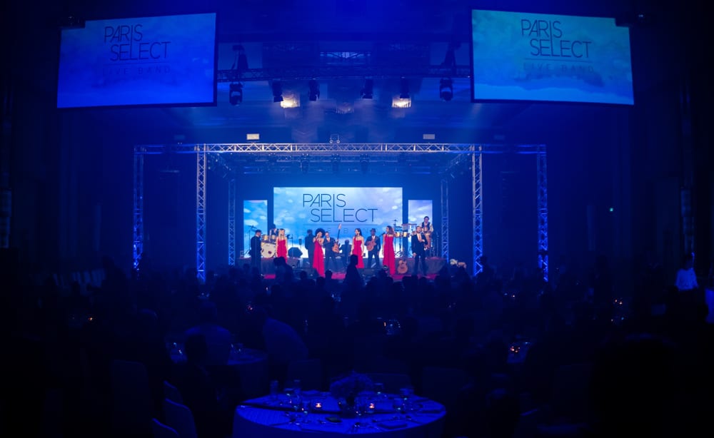 gala dinner stage blue at a corporate event at The Athenee Hotel Bangkok, Bangkok, Thailand — managed by Niramit Creations.