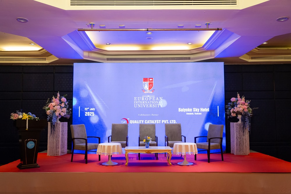 convocation stage branded at a corporate event at Baiyoke Sky Hotel Bangkok, Bangkok, Thailand — managed by Niramit Creations.