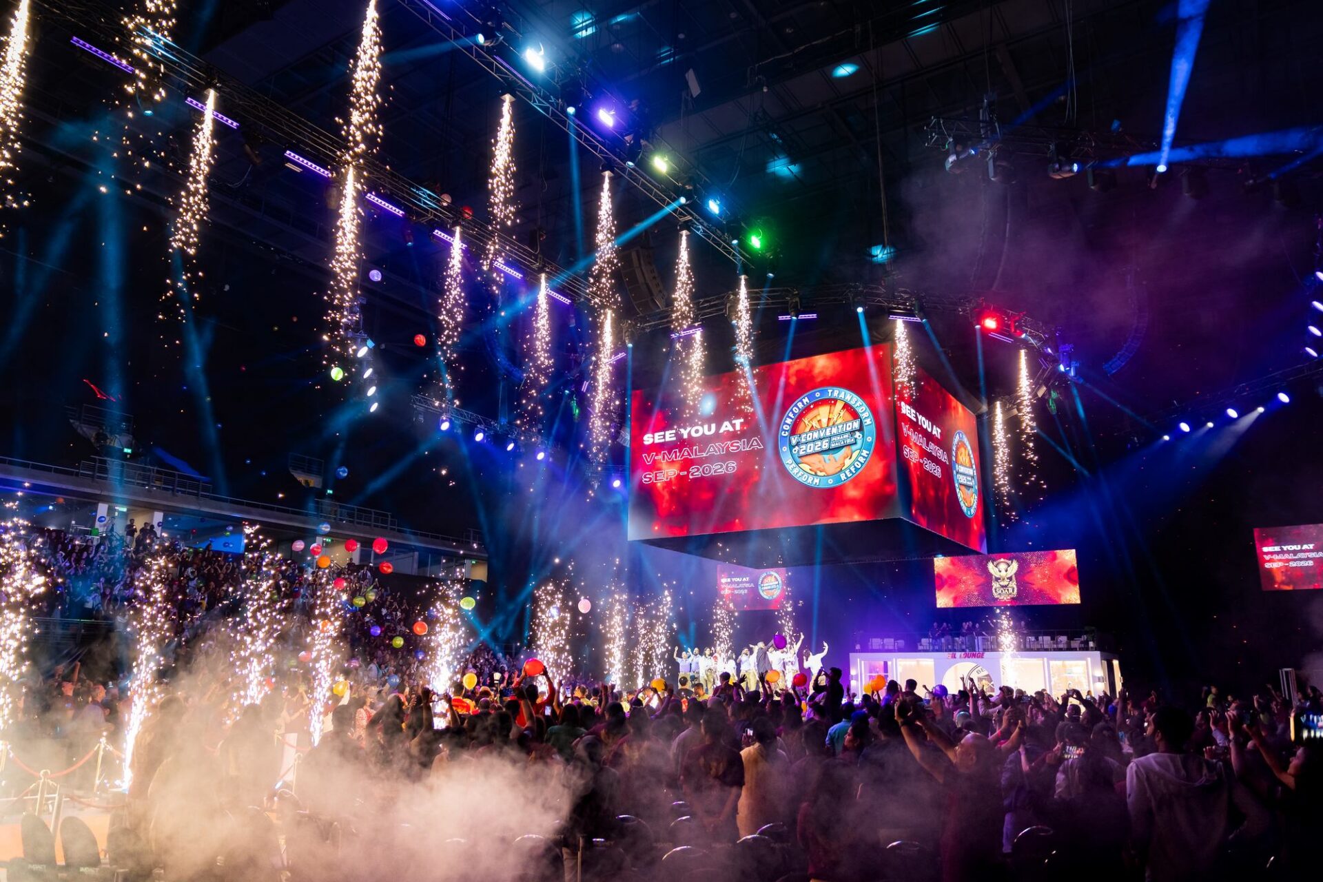 Beyond Infiniti SOAR #BI2026 Convention — stage pyro fountains at IMPACT Arena Bangkok, Bangkok. Corporate event by Niramit Creations Thailand.