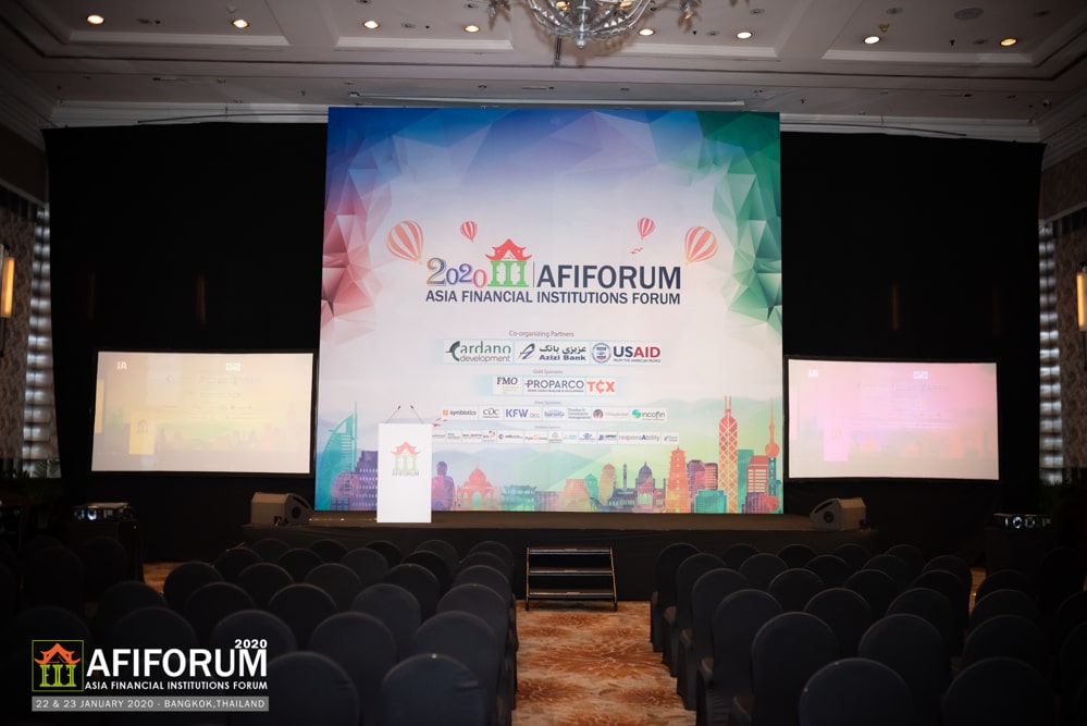 conference stage screens at a corporate event at InterContinental Bangkok, Bangkok, Thailand — managed by Niramit Creations.