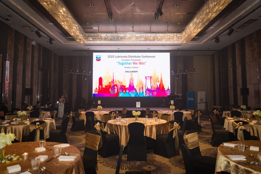 Chevron lubricants distributor conference gala dinner ballroom stage at Renaissance Bangkok, planned and managed by Niramit Creations Thailand.
