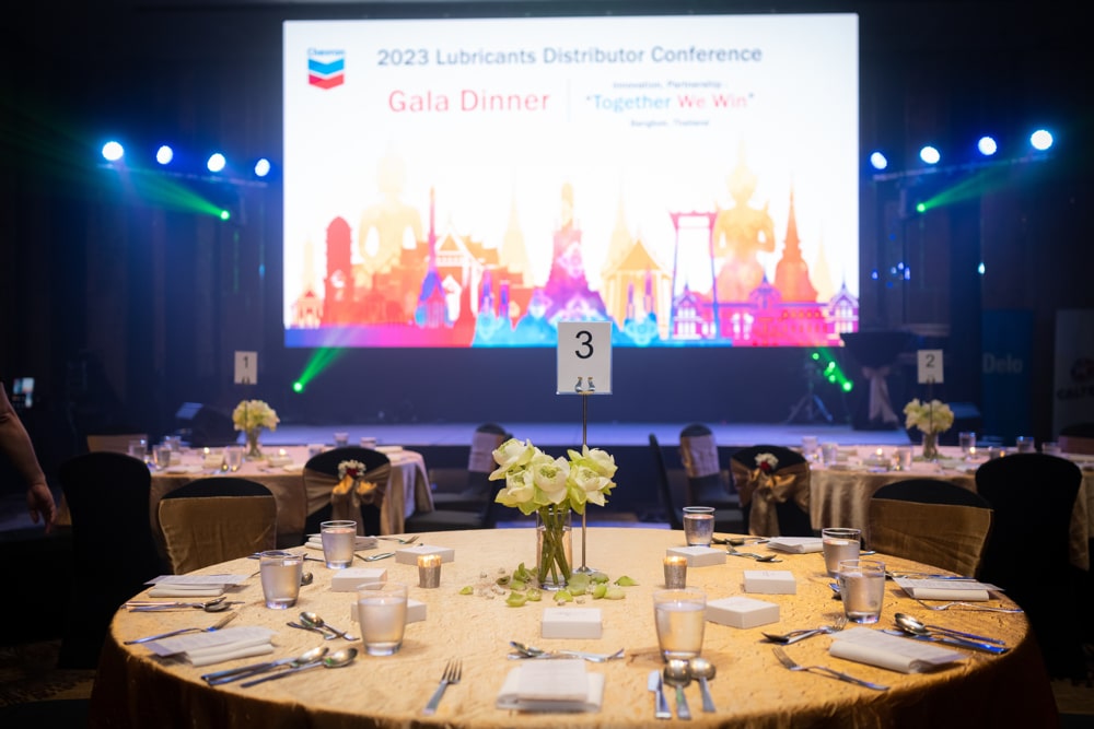 Chevron lubricants distributor conference gala dinner stage screen at Renaissance Bangkok, planned and managed by Niramit Creations Thailand.